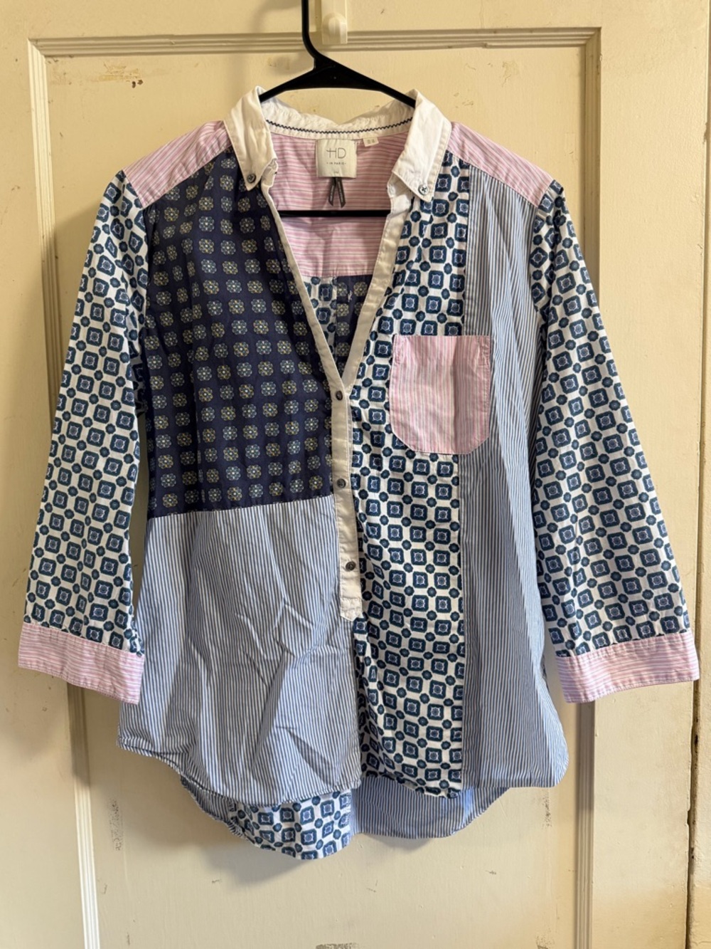 HD in Paris Blue & Pink Patchwork Button-Down Shirt